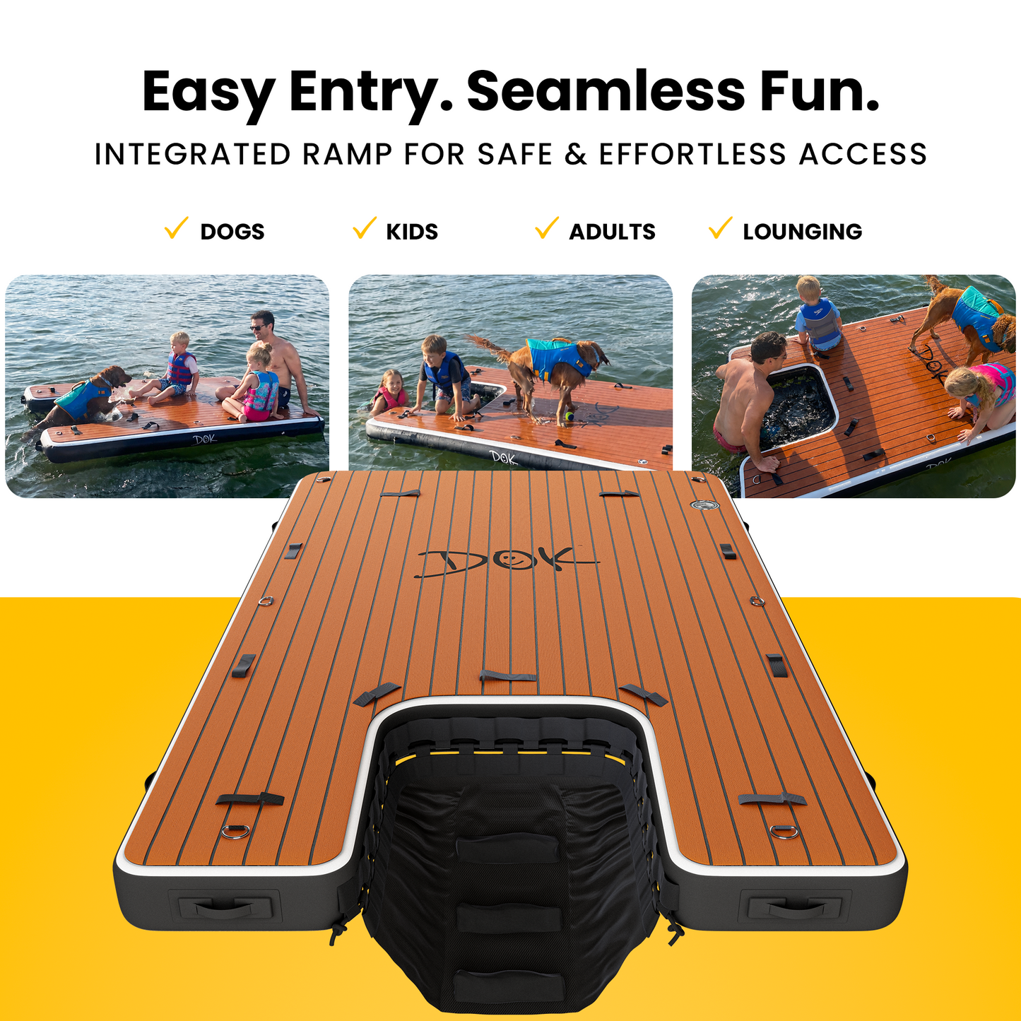 An inflatable floating lounge pad with a wood-look brown top surface, white trim, and a black integrated bag, shown on a yellow-and-white promotional graphic. Small inset photos above demonstrate use with dogs, kids, adults, and lounging on the pad.