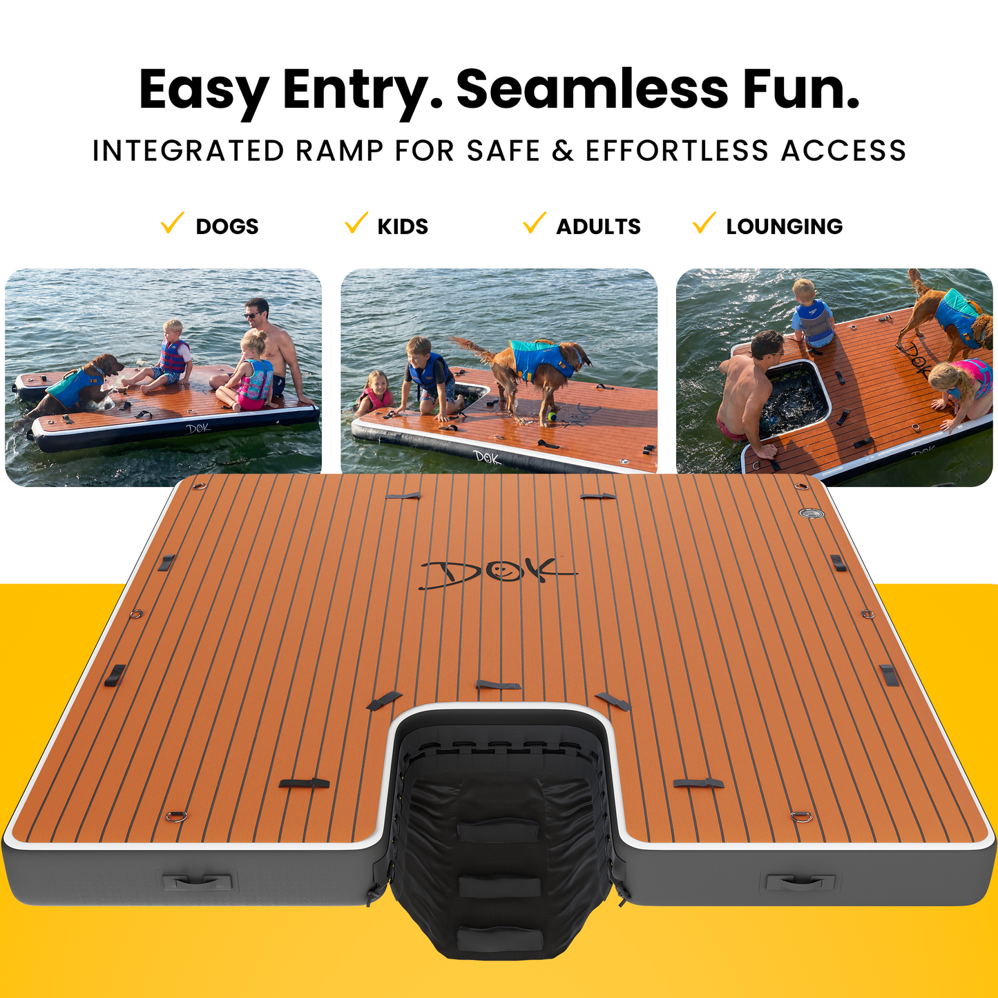 An inflatable dock for lakes with an integrated ramp, shown on a yellow and white background with three small lifestyle photos above demonstrating use by dogs, kids, adults, and lounging. The product has a brown wood-look top surface with black trim and a black ramp interior.