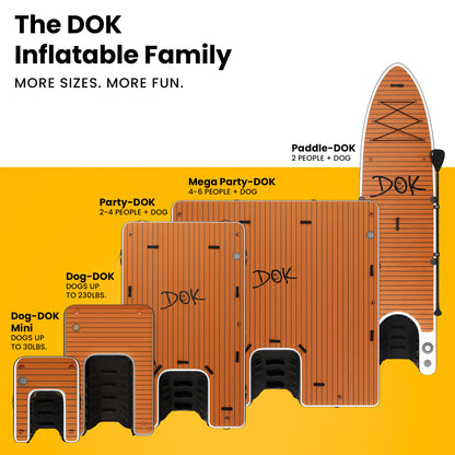 A promotional infographic showing a lineup of inflatable family paddle boards labeled Dog-DOK Mini, Dog-DOK, Party-DOK, Mega Party-DOK, and Paddle-DOK, with text describing capacity and weight limits on a white and yellow background.